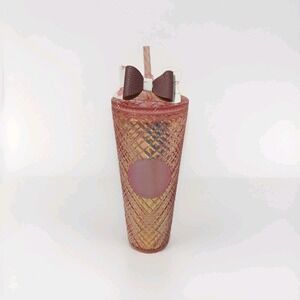 Starbucks 2021 Holiday Jeweled Tumbler Cold Cup 24oz Rose Gold Pink Diamond Grid